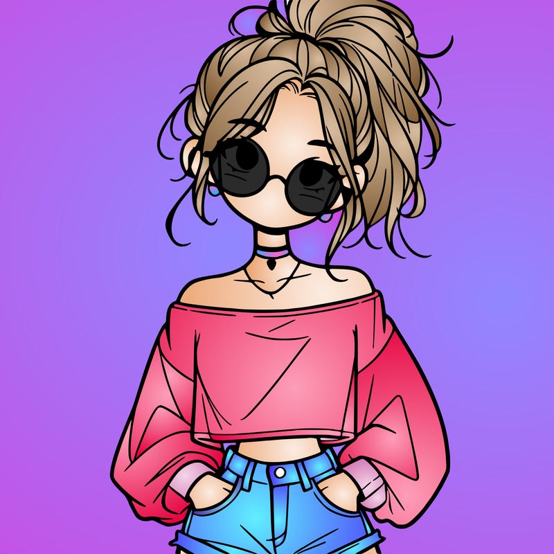 girl with a messy ponytail glasses a baggy crop top and jean shorts