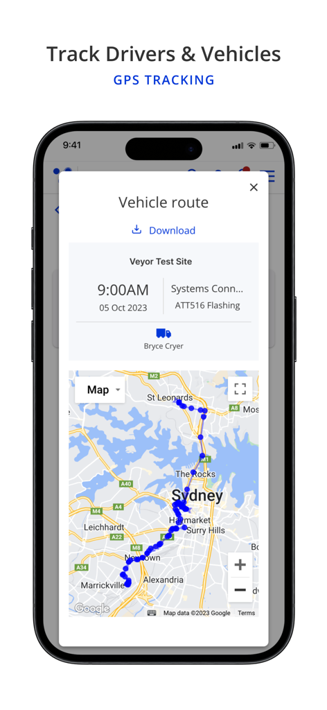 Veyor - Veyor app interface showing real time vehicle route and GPS tracking on a map
