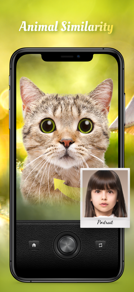 Magic Cam - Face Photo Editor - A smartphone interface showing the Magic Cam app animal similarity feature matching a girl portrait to a cat.
