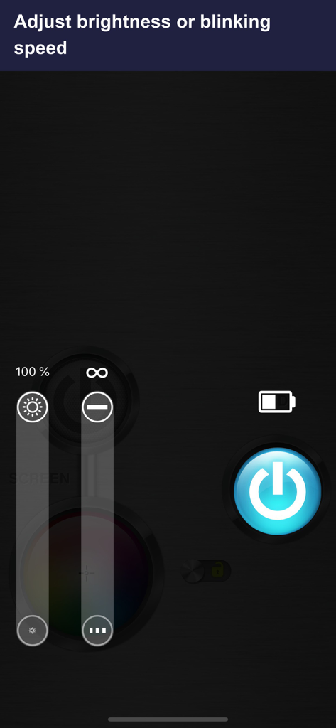 Interface of the FlashLight LED HD app showing sliders to adjust brightness and blinking speed