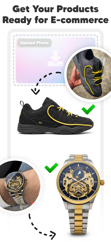 AI Fashion Model Maker: Diress - A demonstration of using AI to transform casual product photos of sneakers and watches into professional e-commerce listings with clean white backgrounds.