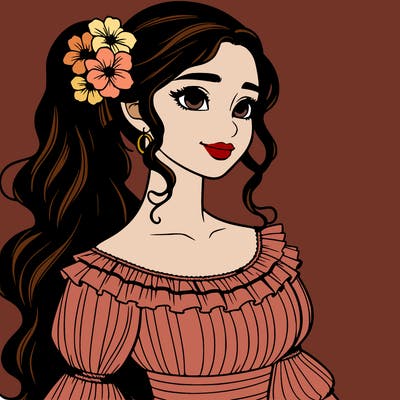 a single latina woman with a side ponytail and a long dress with ruffles. she has a few discreet flowers in her hair. realistic