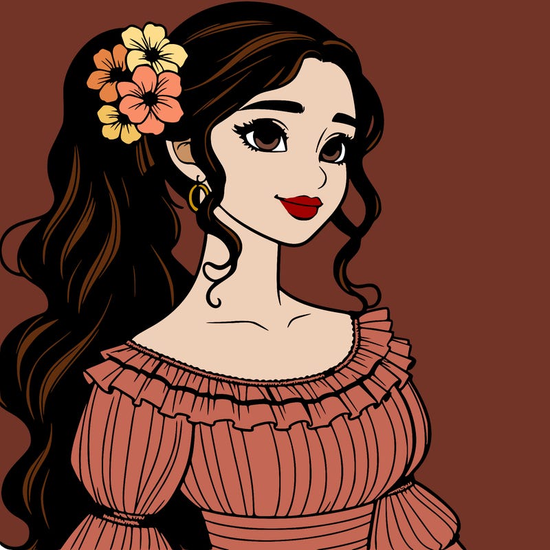 a single latina woman with a side ponytail and a long dress with ruffles. she has a few discreet flowers in her hair. realistic