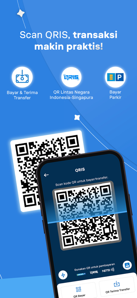 BRImo app interface showing QRIS code scanning for cross-border and local payments