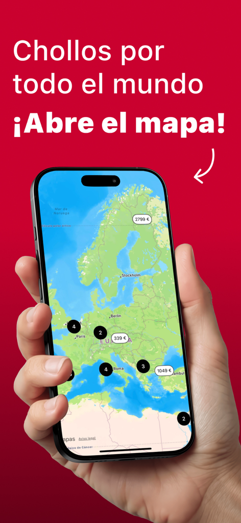 BuscoUnChollo.com - Una mano tiene uno smartphone che mostra una mappa dell'Europa con offerte di viaggio e prezzi degli hotel.