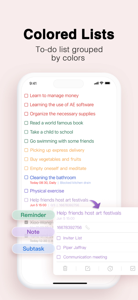 To do list MinimaList & Widget - Smartphone screen displaying the MinimaList app with tasks grouped by colors including reminders and subtasks