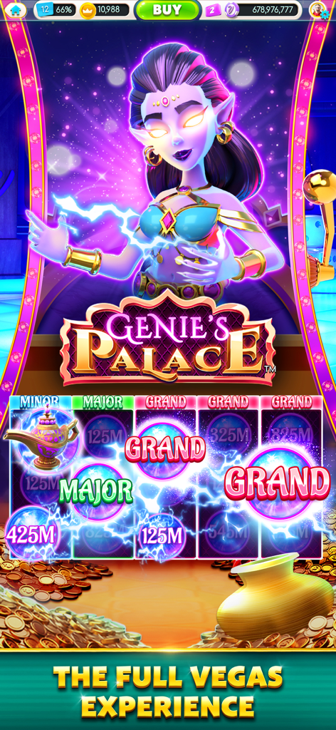 Gameplay of Genies Palace slot machine in myVEGAS Slots app featuring a purple genie and jackpot rewards
