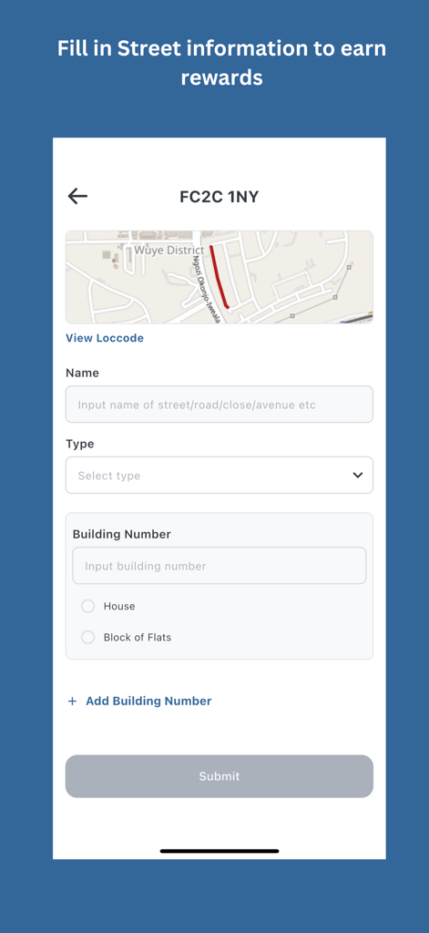 Maiaddy: Get Your Loccode - A screenshot of the Maiaddy app street information form for earning rewards.