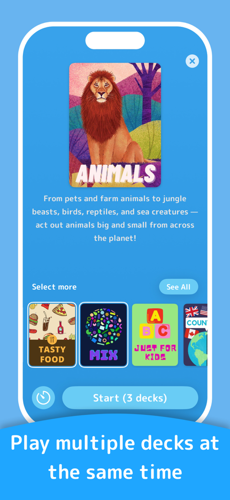 Charades - Family & Party Game - La interfaz de la aplicación Charades que muestra cómo seleccionar varias categorías como Animales, Comida Sabrosa y Solo para Niños para jugar a la vez.