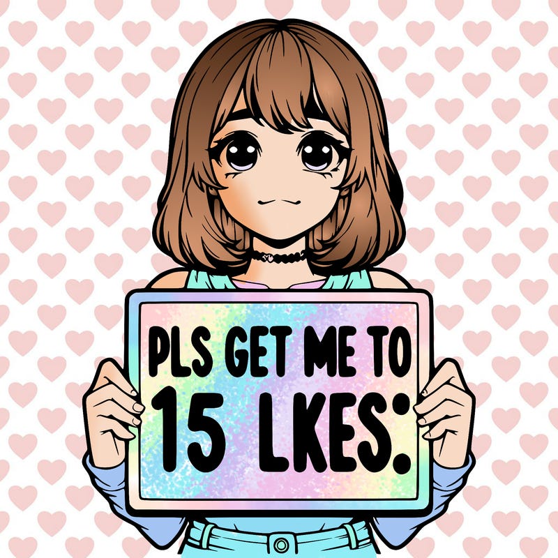 realistic girl holding up a sign that says “pls get me to 15 likes!”