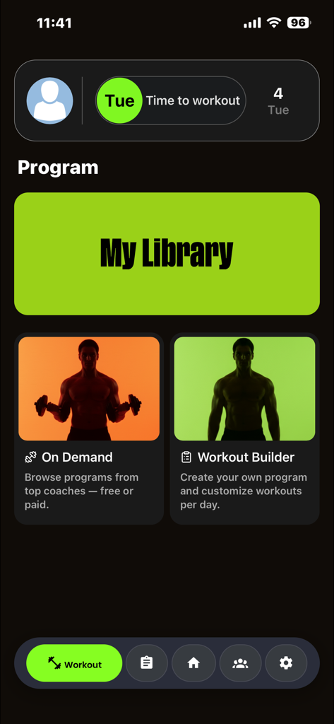Fit-Rack - Fit-Rack app interface showing options for workout library and custom workout builder