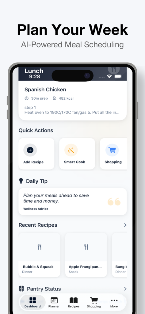 Painel do aplicativo Planejador de Compras e Refeições mostrando agendamento de refeições semanal com IA e ações rápidas
