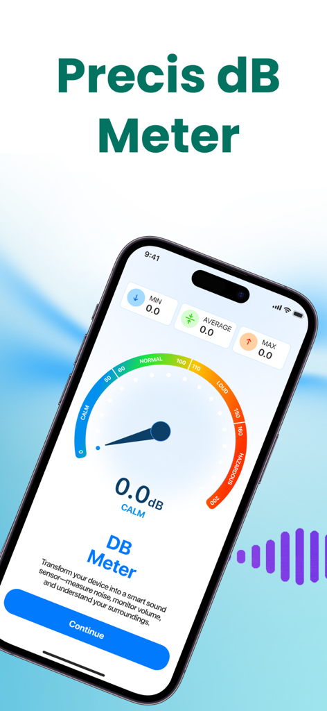 Interface of the Clear Wave app featuring a decibel meter to measure environmental noise levels