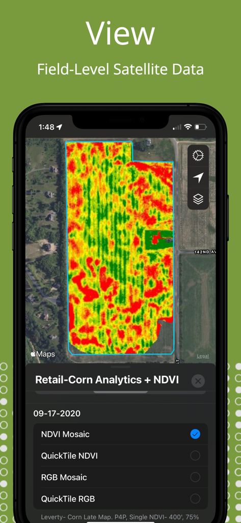 FieldAgent • - Aplicativo FieldAgent exibindo dados de satélite em nível de campo com análises NDVI para monitoramento de culturas de milho.