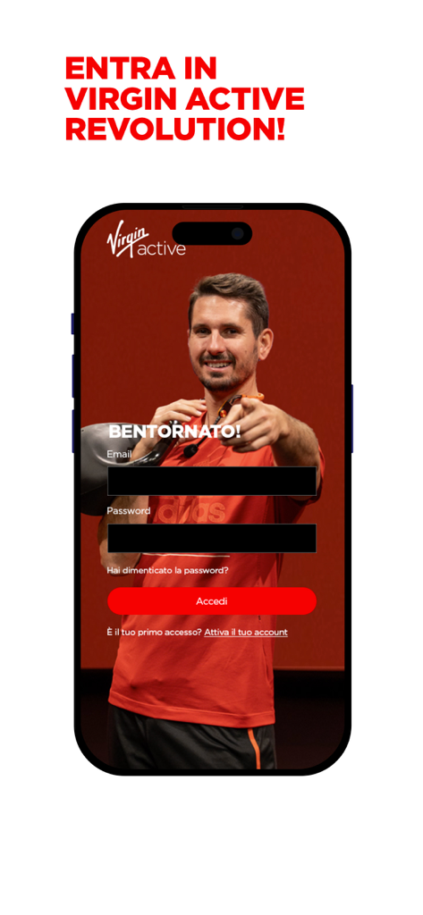 Anmeldebildschirm der Virgin Active Revolution App mit einem Fitnesstrainer