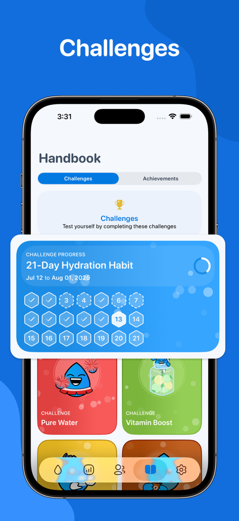 Water Tracker by WaterMinder® - WaterMinderアプリのスクリーンショット。チャレンジハンドブックと21日間の水分補給習慣トラッカーを表示