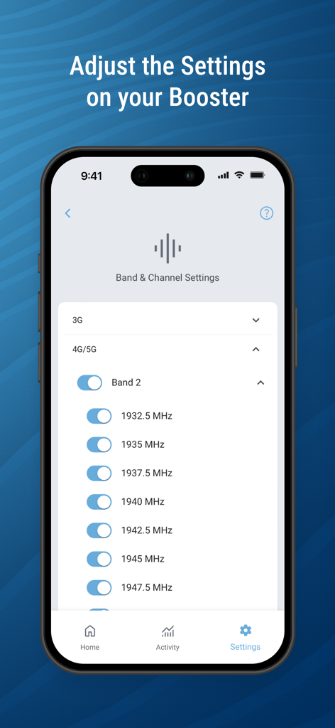 CEL-FI WAVE - Interface de l'application CEL-FI WAVE montrant les paramètres de bande de fréquence et de canal pour un amplificateur de signal sur l'écran d'un smartphone.