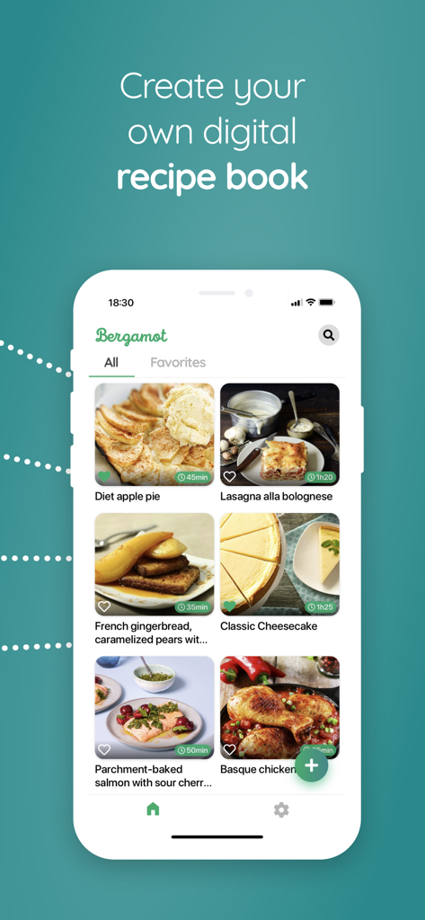 Bergamot - Your recipe manager - Interface of the Bergamot recipe manager app showing a grid of organized food recipes with images and cooking times