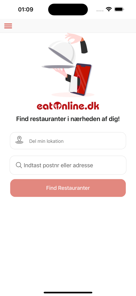EatOnline app home screen for searching local restaurants by location or address
