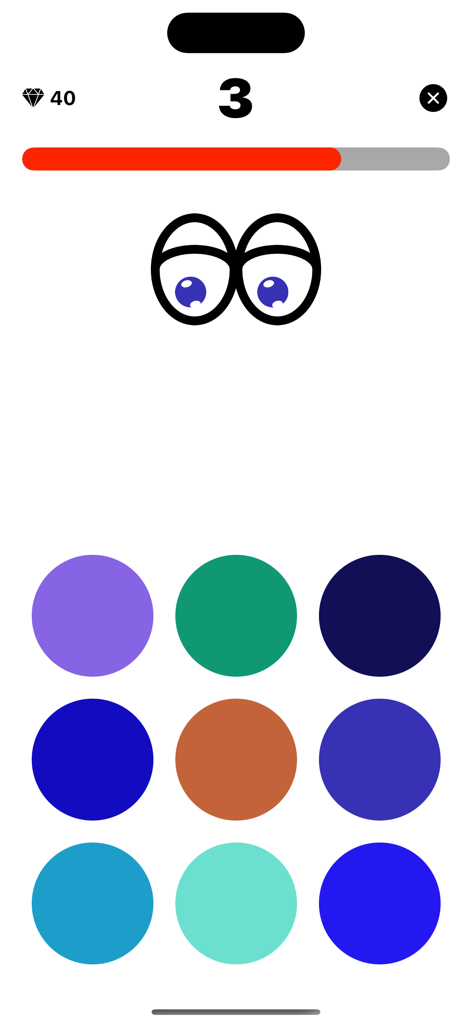 Tricky Eyes: Color Challenge - Game screen of Tricky Eyes showing blue eyes and nine colored circles for a perception challenge