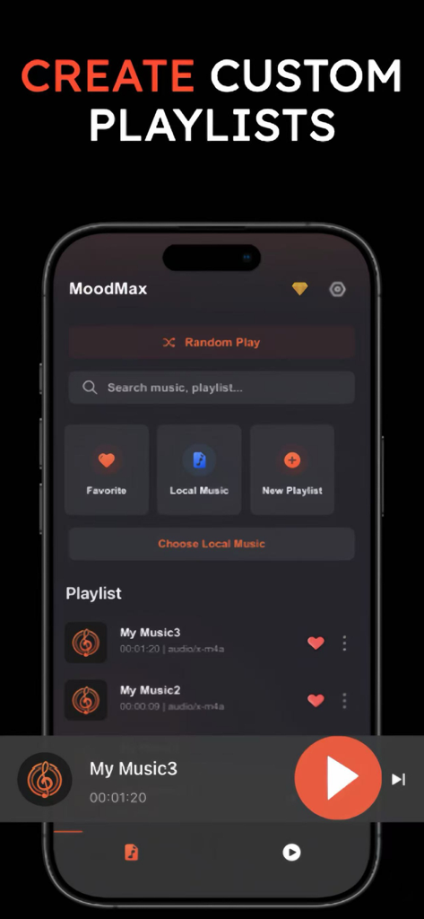 Interface do aplicativo de player de música MoodMax mostrando a tela para criar listas de reprodução personalizadas e gerenciar arquivos de música locais