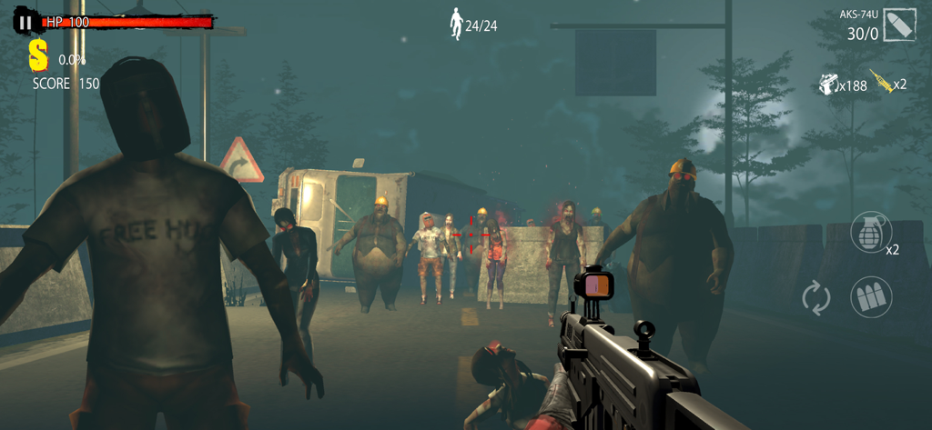 Zombie Hunter D-Day - Una vista en primera persona de un jugador apuntando un arma automática a una horda de zombies en una carretera oscura en Zombie Hunter D-Day.