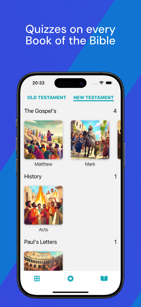 Bible Quiz: Yada - Uma interface móvel do aplicativo Quiz Bíblico Yada mostrando categorias de quiz para livros do Novo Testamento como Mateus e Marcos