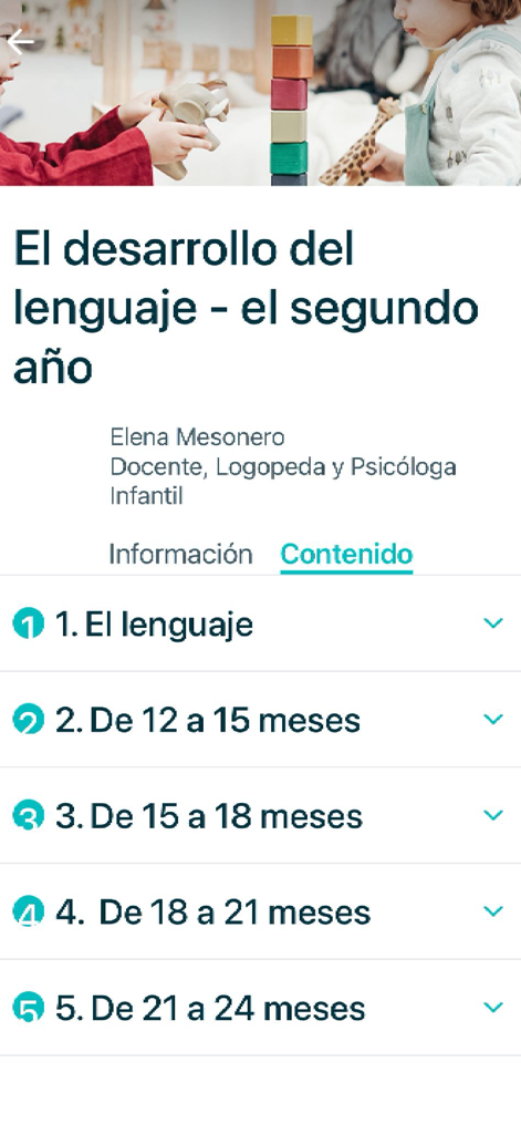 Criar con Sentido Común - Lista de módulos del curso sobre desarrollo del lenguaje en niños pequeños en la aplicación Criar con Sentido Común