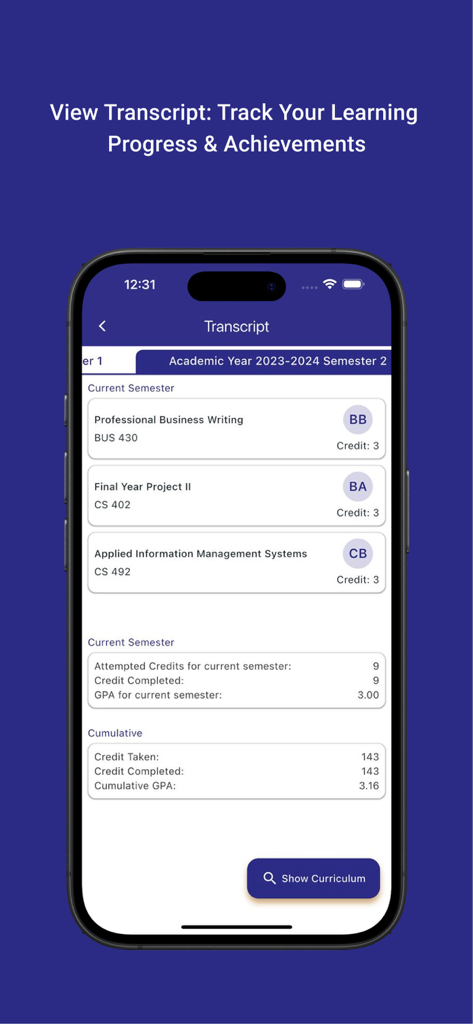 MyParagonU - Pantalla móvil de la aplicación MyParagonU que muestra el expediente académico de un estudiante con calificaciones de cursos, GPA semestral y GPA acumulativo.