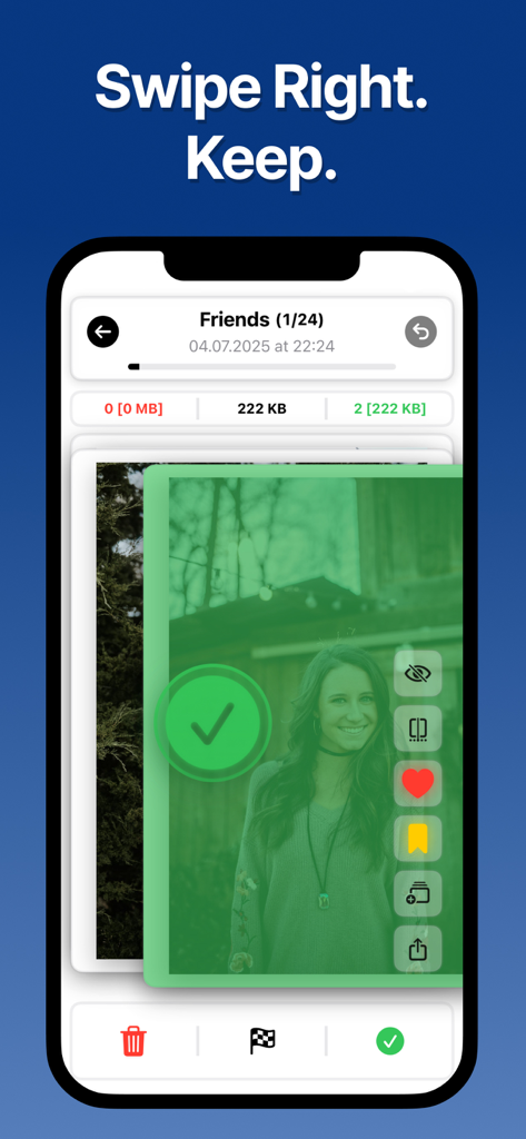 Swipe Photo Cleaner Organizer - Smartphone screen showing the swipe right to keep feature in the Unroller photo cleaner app