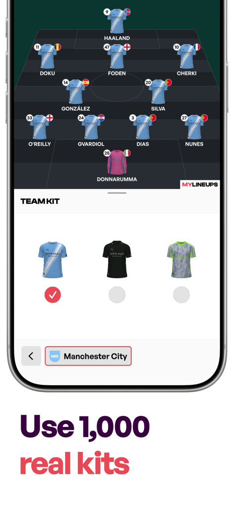 Lineup Builder - MyLineups - Mobile app screen showing a soccer lineup with official Manchester City kits