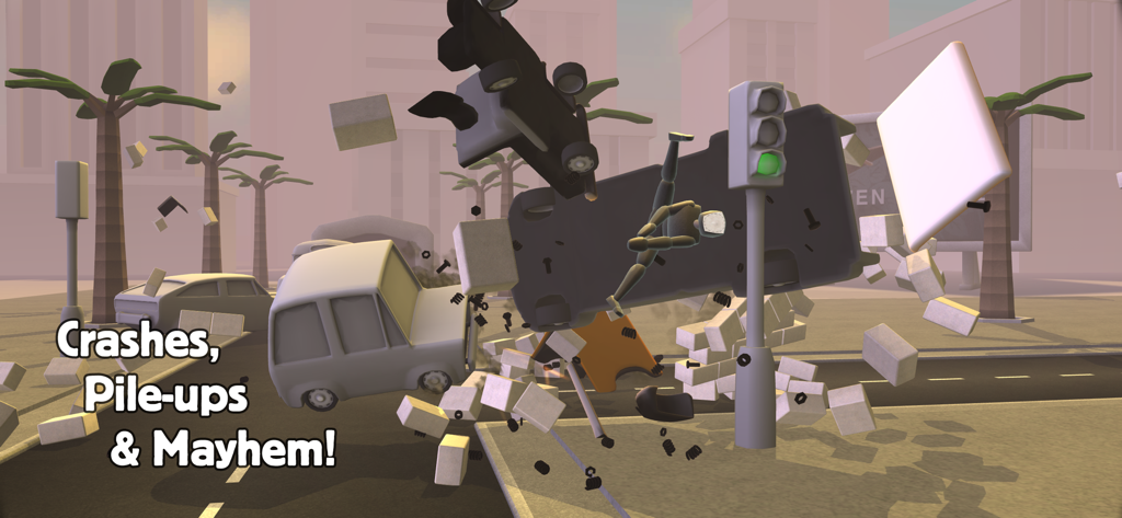 Turbo Dismount® - Un caótico atasco de vehículos con un personaje ragdoll volando en Turbo Dismount.