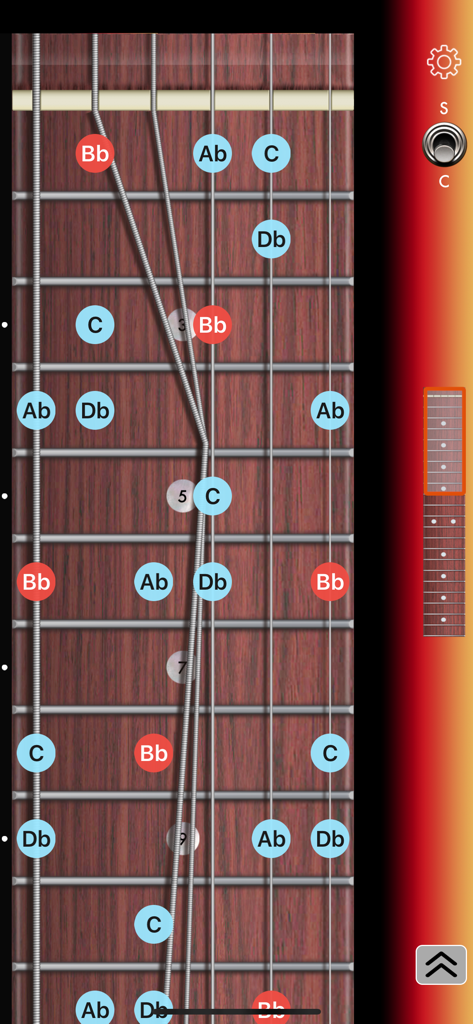 Interactive guitar fretboard displaying chord tone markers and string choking feature