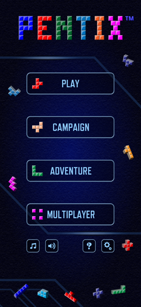 Pentix - Block Puzzle PVP Game - Écran du menu principal du jeu de puzzle Pentix avec des boutons pour les modes Campagne, Aventure et Multijoueur.