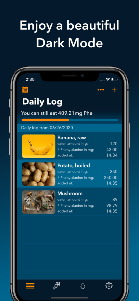 DietAssistant for PKU - Interfaz de la aplicación DietAssistant para PKU en modo oscuro que muestra el registro diario de alimentos e ingesta de fenilalanina.