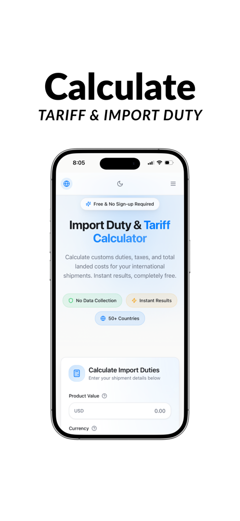 국제 선적에 대한 수입 관세 및 관세를 계산하는 모바일 앱 인터페이스