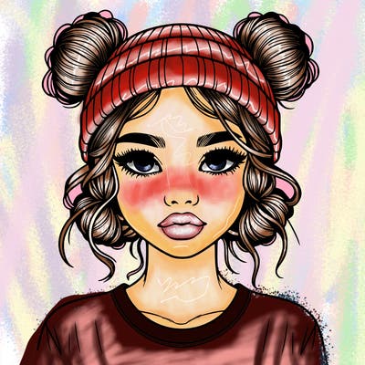 realistic girl with buns in her hair with a beanie on