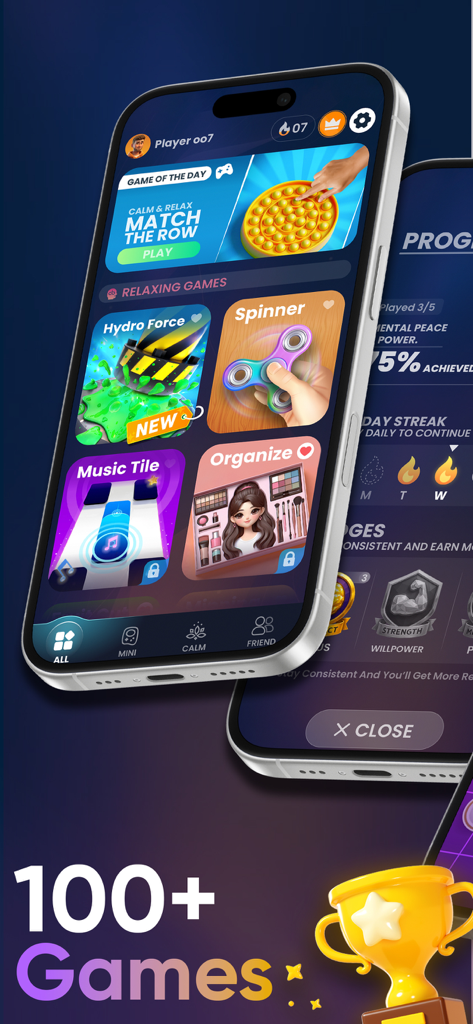 10000 Offline Games: No Wifi - Interfaz de una aplicación móvil que muestra un menú de varios minijuegos antiestrés y relajantes como spinners y pop-its.