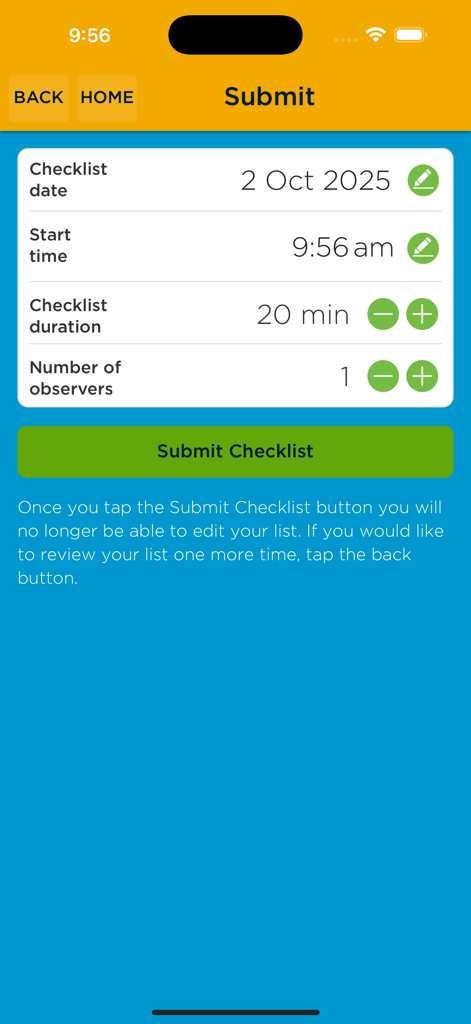 Aussie Bird Count - Aussie Bird Countアプリのチェックリスト提出画面。日付、時刻、期間、観察者数などが表示されています