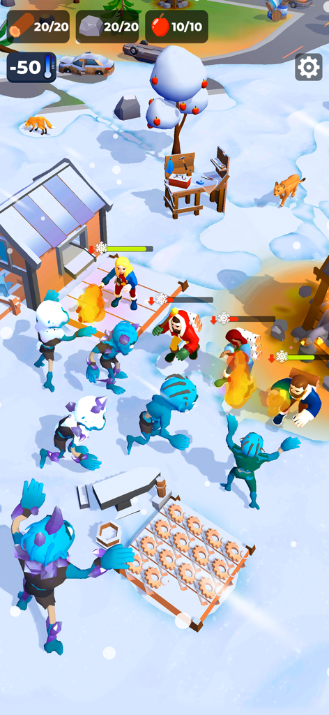 Frost Land Survival - Human survivors defending their base from blue ice creatures in a frozen wasteland