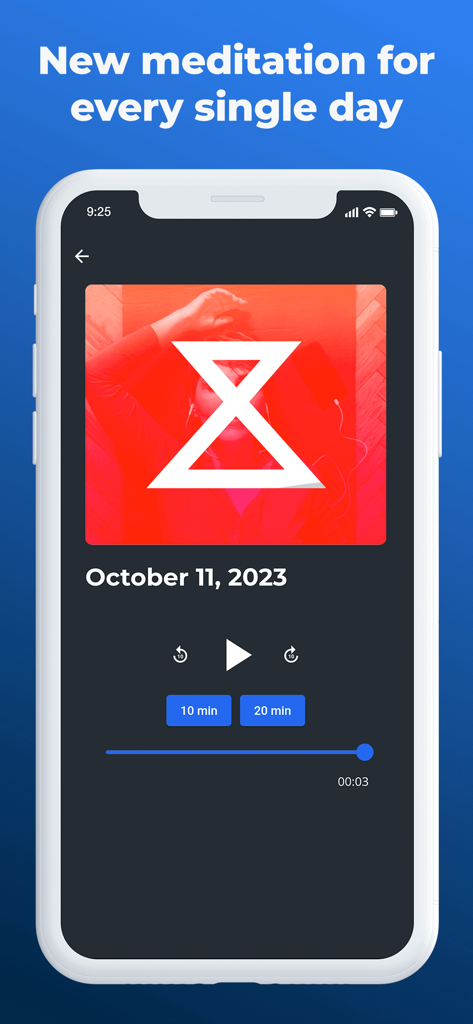 Declutter The Mind Meditation - Smartphone screen showing the Declutter The Mind daily meditation player with ten and twenty minute session options in dark mode