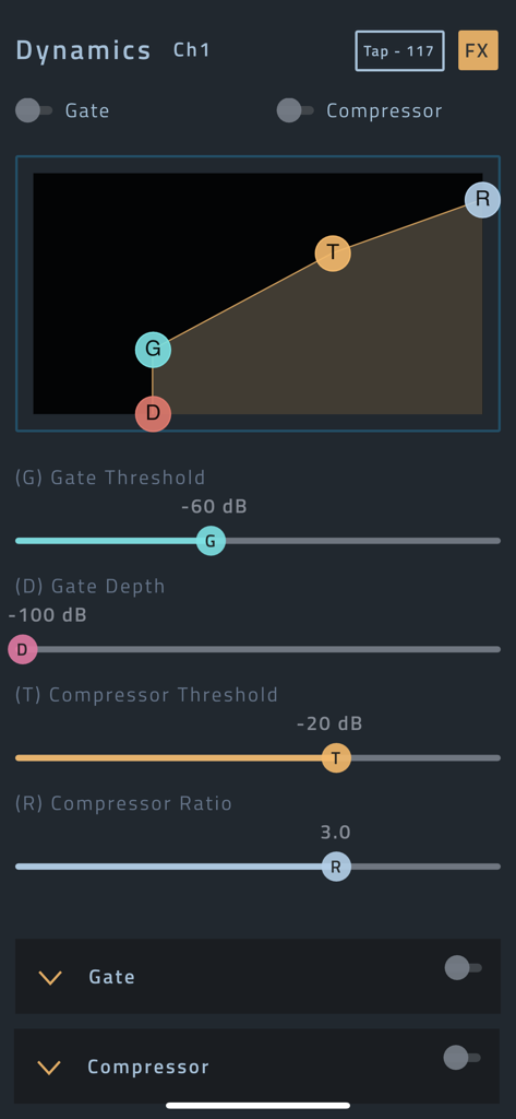 JBL Pro Connect - Interface do aplicativo JBL Pro Connect mostrando configurações de dinâmica de canal com sliders de gate e compressor.