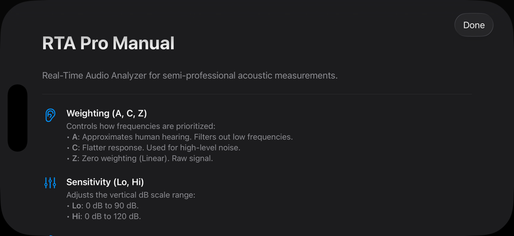 RTA Pro - RTA Pro app manual screen explaining audio weighting and sensitivity settings