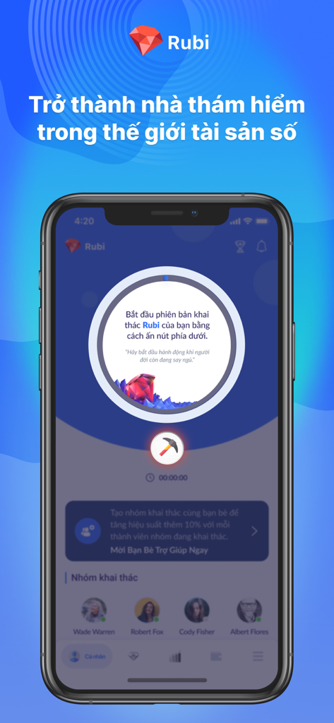 Smartphone showing the Rubi app interface with a pickaxe icon for mining digital assets and social network profiles.