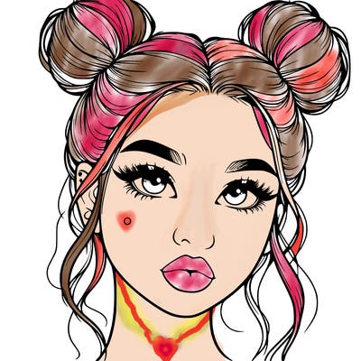 realistic girl with two buns on her hair and lips