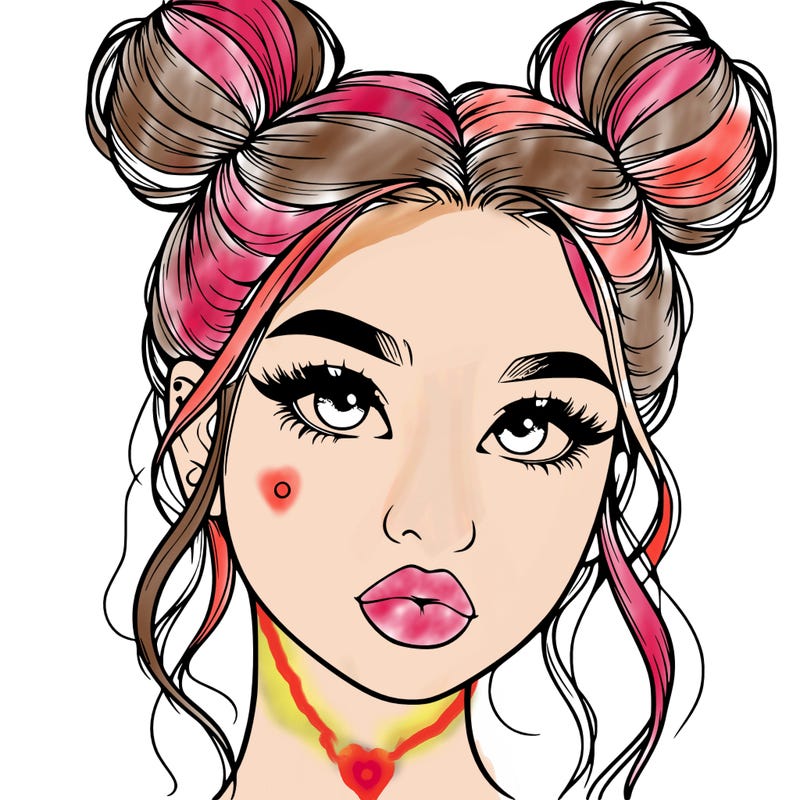 realistic girl with two buns on her hair and lips