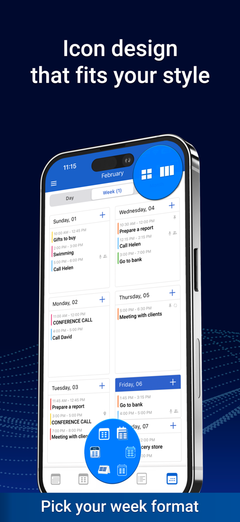 Calendar: To Do List & Notes - Weekly calendar view in MC Calendar app with customizable layout options