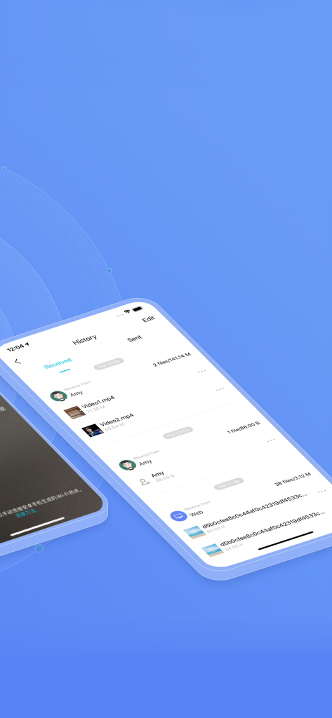 EasyShare app history screen showing a list of received files and videos