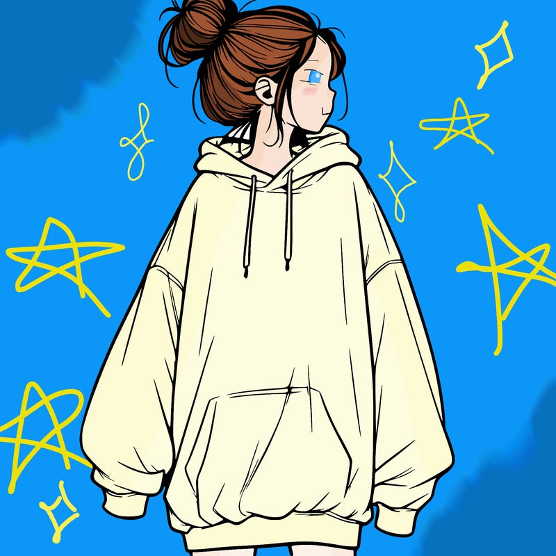 realistic girl with a oversized sweatshirt on and a bun
