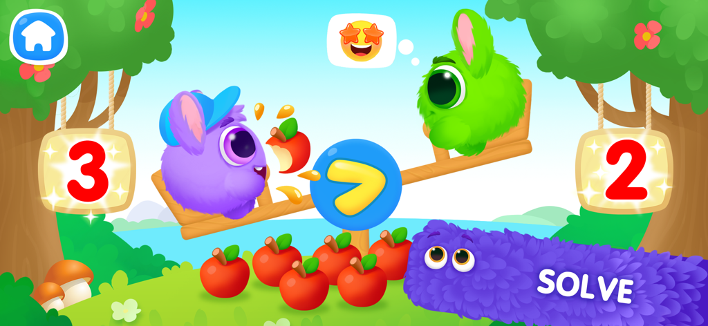 Educational math game screen for kids showing a comparison between numbers 3 and 2 using a seesaw and cute characters
